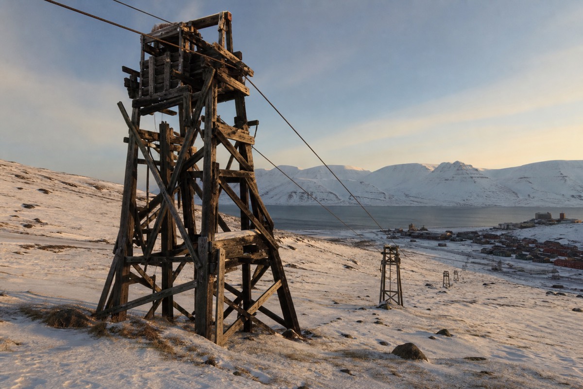 Timber headframe and conveyor of a disused coal mine on the hillside above Longyearbyen