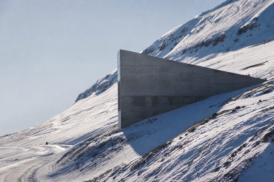 Concrete entrance wedge of the Svalbard Global Seed Vault set into a snowy hillside